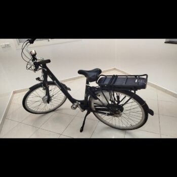 Vélo électrique Sway noir, vue de profil avec porte-bagages arrière.