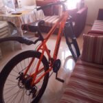 VTT HOAMENG rouge vu de profil, avec cadre et roue avant.